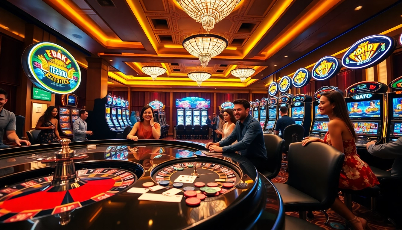 Experience thrilling gambling action at Okfun with vibrant casino tables and joyful players.