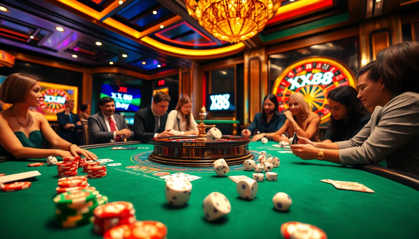 Players engaging at a vibrant casino table showcasing XX 88 poker chips and energizing roulette action.