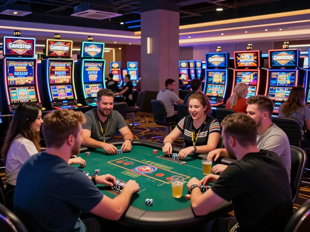 Players enjoying a vibrant casino not on GamStop, surrounded by colorful gaming stations and lively energy.