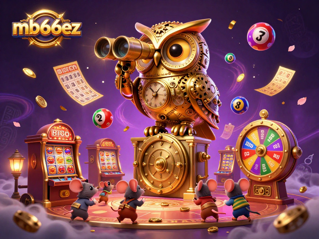Engage with mb66ez's vibrant casino atmosphere featuring a golden owl, bustling patrons, and lottery elements.