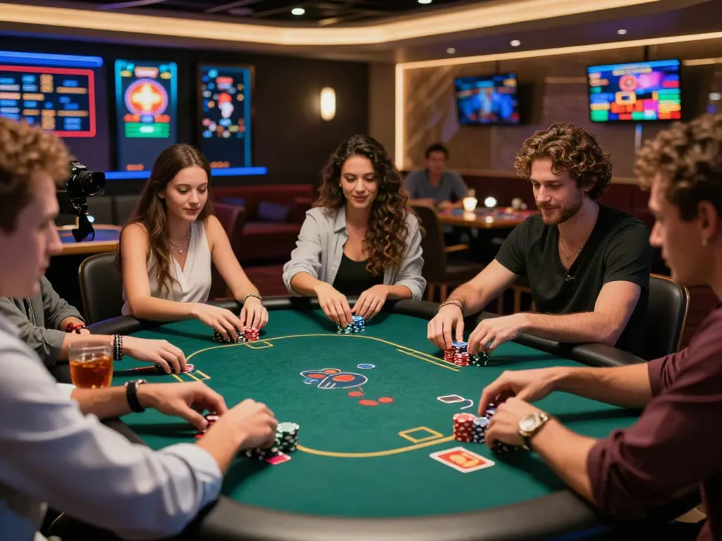 Friends enjoying a lively poker game at a casino not on gamstop, showcasing camaraderie and excitement.