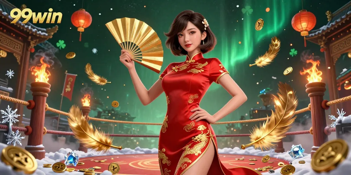 Experience the excitement of gaming at 99win with a vibrant, dynamic scene filled with gold coins and cultural elements.