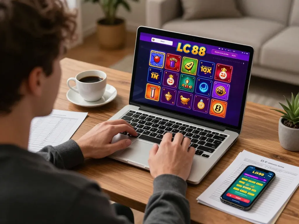 Player engaging with LC 88 online casino on a laptop, showcasing betting strategies and gameplay.