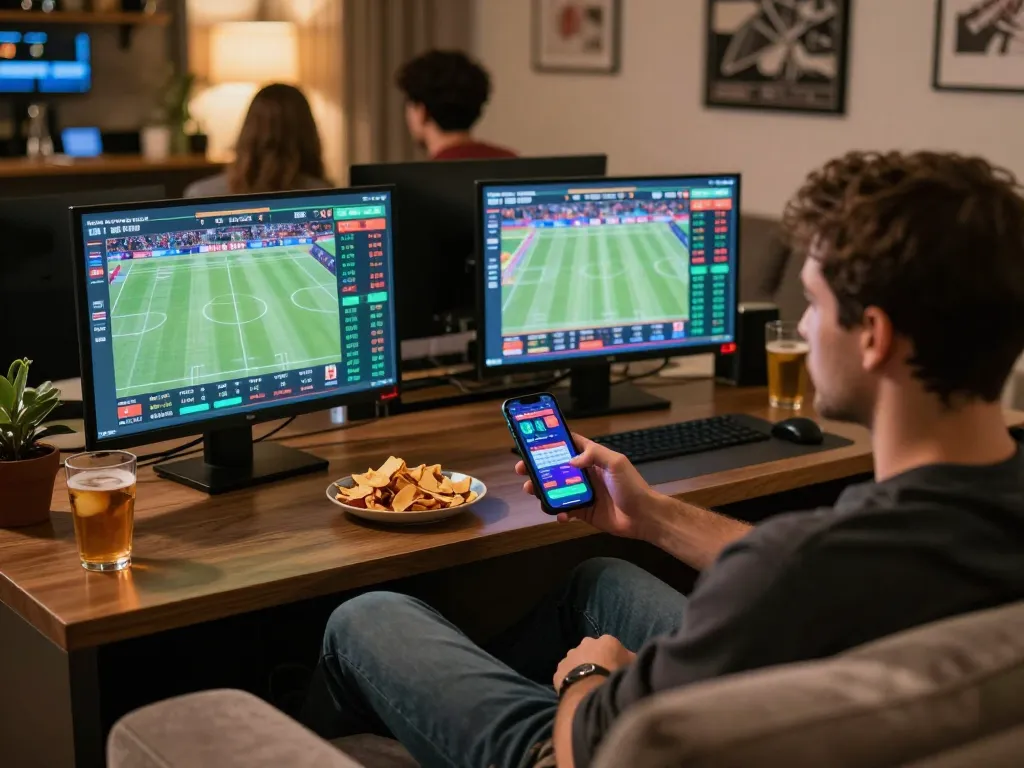 Betting enthusiast analyzes odds on Keo nha cai 5 while enjoying a social gathering.