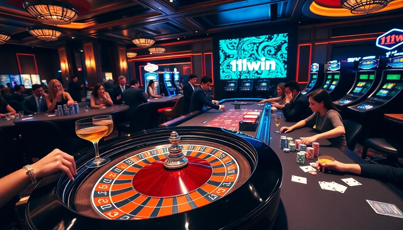 Gamblers enjoying a thrilling moment at a roulette table featuring 11win branding.
