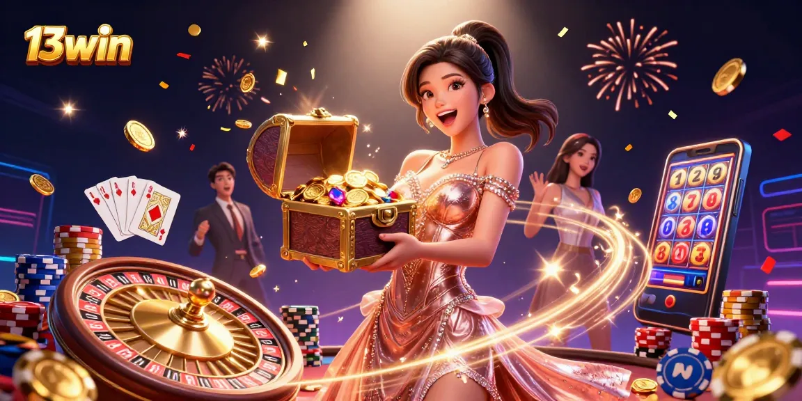 Experience thrilling wins at 13win with our vibrant casino illustration showcasing golden treasures.