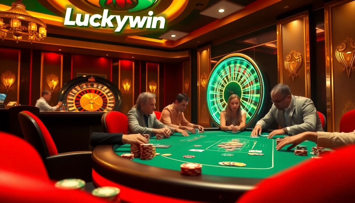 Players enjoying a high-stakes poker game at Luckywin casino.