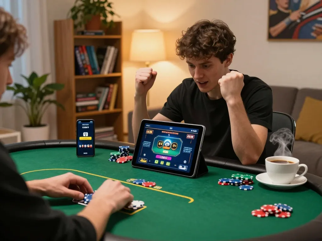 Engaged player enjoying poker on lc88 tablet at cozy home setup with strategy notes.