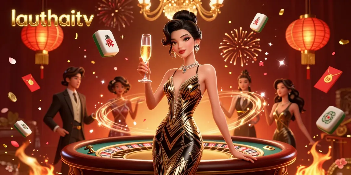 Experience lauthaitv's thrilling gambling scene with an elegant Asian woman in glamour under cascading confetti.