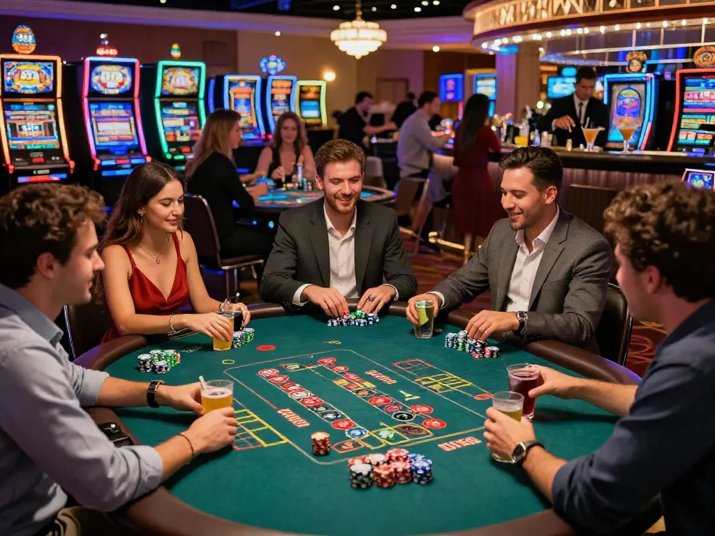 Friends enjoying gaming at a casino not on gamstop with vibrant atmosphere and colorful scene.