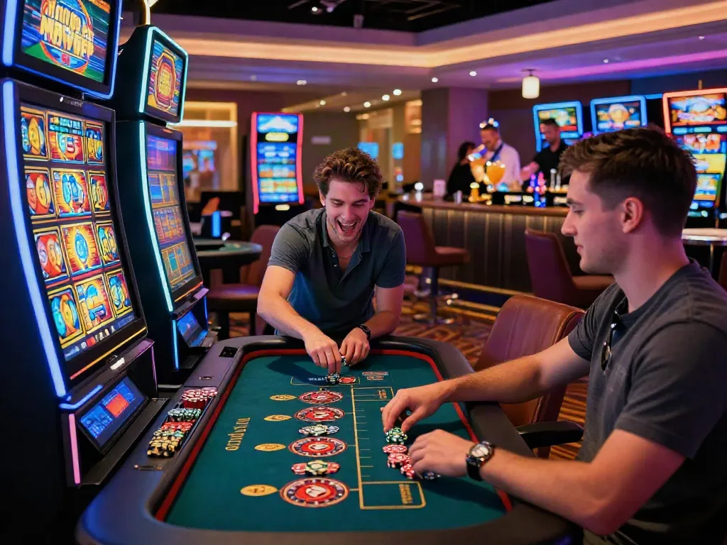 Players engaging in a vibrant casino not on gamstop with neon lights and lively gaming activities.
