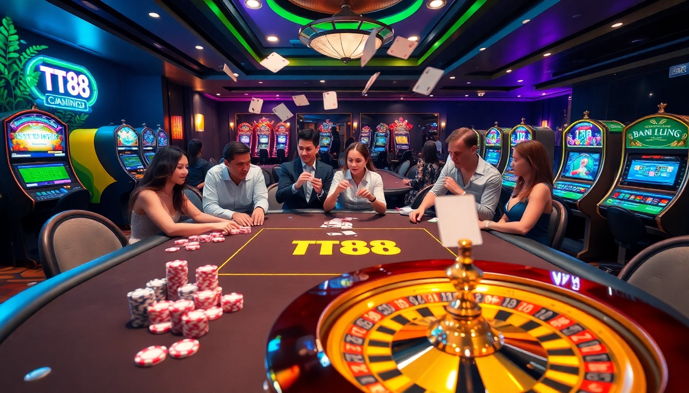 Experience thrilling gameplay at TT88 casino table with vibrant poker chips and roulette wheels.