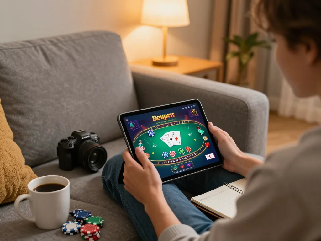 Luck8 player strategizing with a tablet in cozy home setting, showcasing online casino engagement.