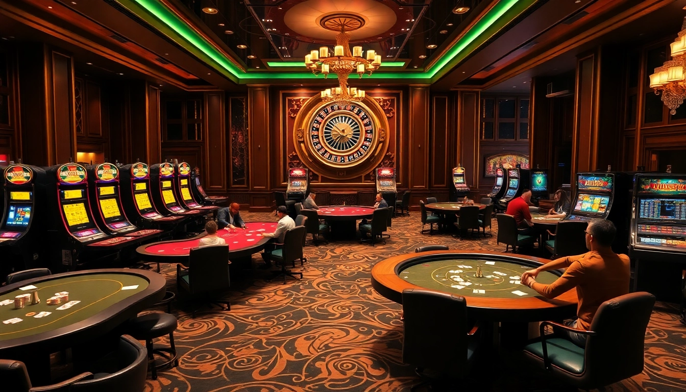 OKKING casino floor with players enjoying poker and vibrant slot machines in a luxurious setting