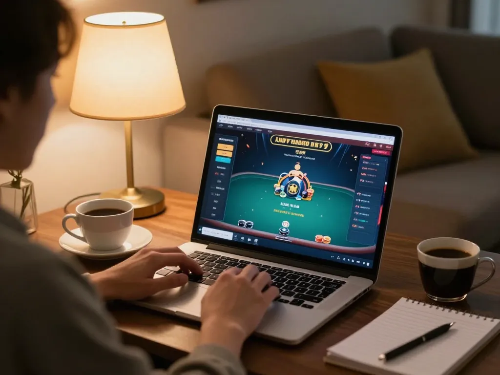 uo8855 player enjoying a cozy online casino game session at home with poker interface displayed