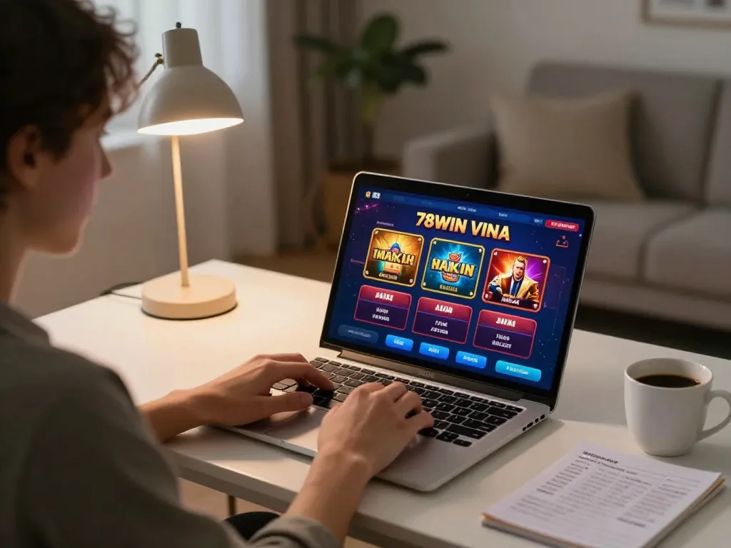 Engaging online gaming scene with 78winvina interface displayed on laptop in a cozy home setup.