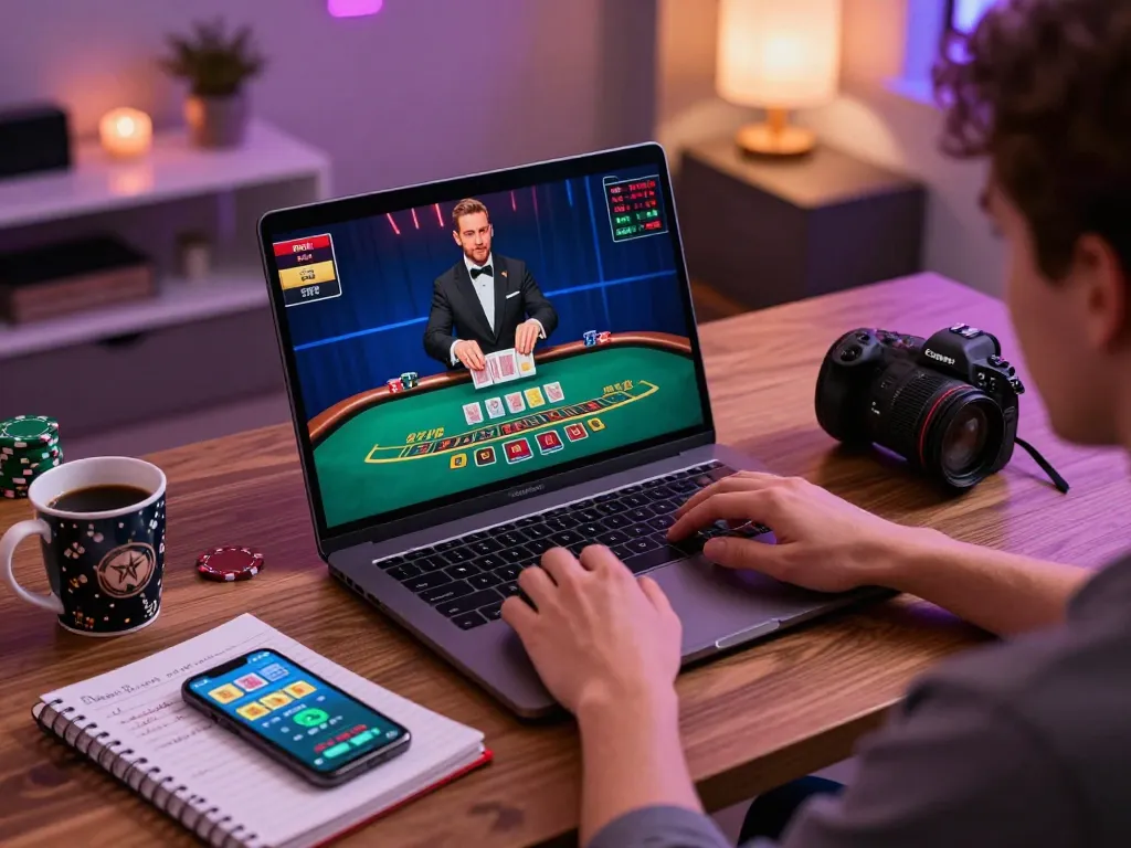 Player engaging in C168 blackjack gameplay at home, laptop showing live dealer, notes on strategy visible.