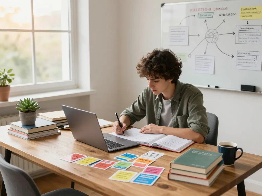 Student studying C168 Critical Thinking and Logic in a bright home office with organized materials.