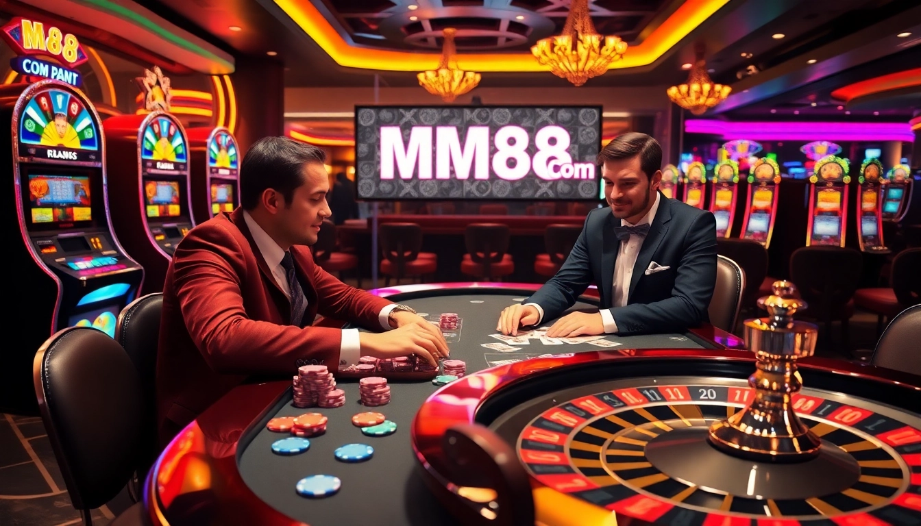 Gambler enjoying a game at MM88 com casino with vibrant gaming table and neon lights.