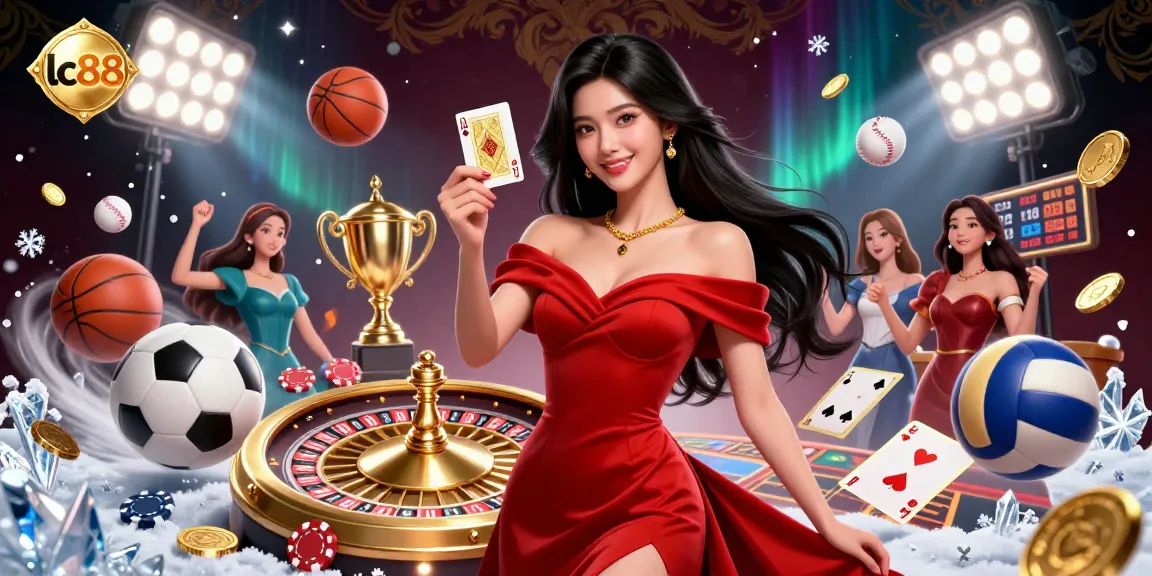 Engage with thrilling lc88 casino action featuring a woman with a golden playing card near roulette and sports elements.