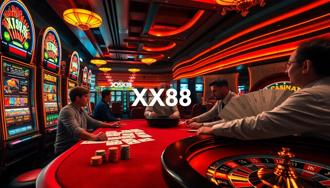 Players enjoying a thrilling game at XX88 casino table with vibrant ambiance and luxury elements.