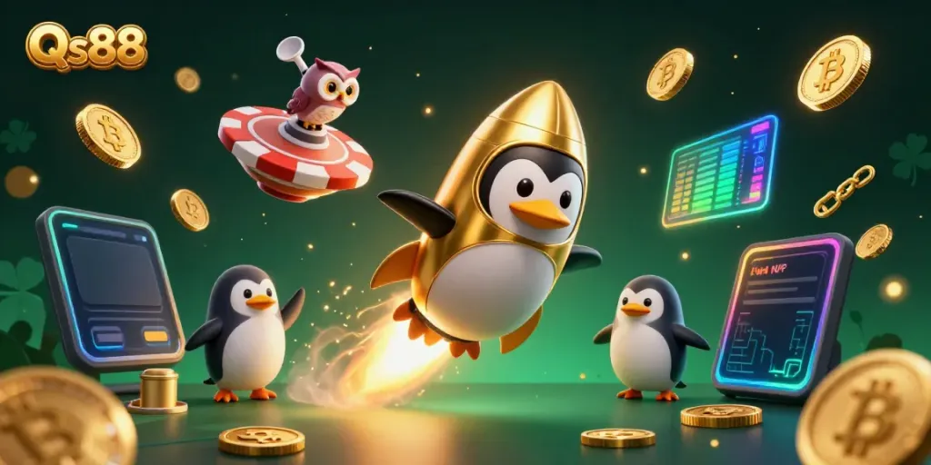 Bet and win with Qs88 in an exciting 3D casino adventure featuring vibrant characters and crypto elements.