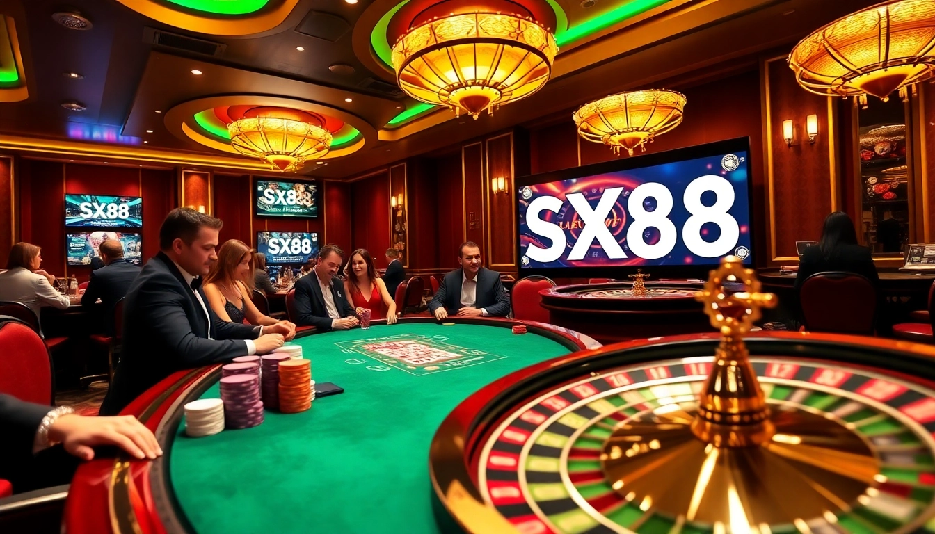 SX88 players engaging in high-stakes poker at a luxurious casino table.