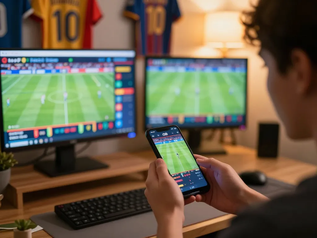 Engaged bettor using smartphone to place live sports bets through O8 platform in vibrant, home gaming setting.