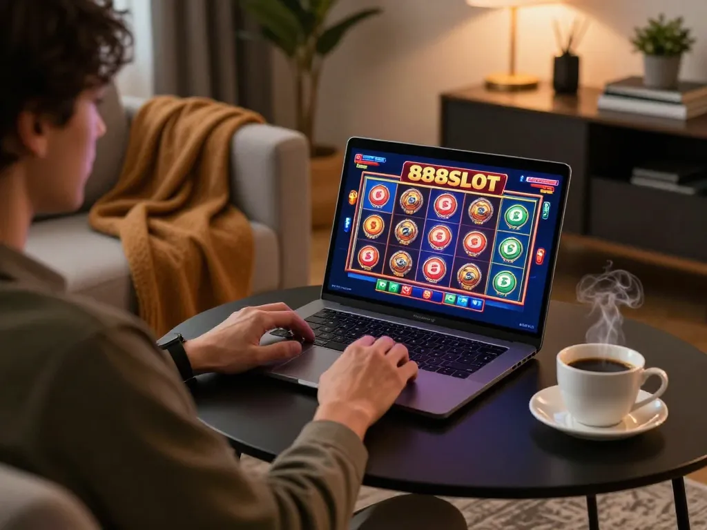 Player enjoying 888SLOT on a laptop in a cozy living room environment, showcasing a responsible gaming atmosphere.