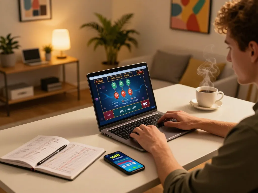 Player using vu88 app for online casino gaming in a stylish home office, highlighting strategic betting.