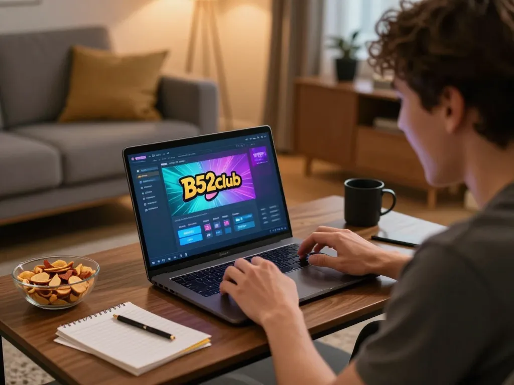 B52Club gaming session on a laptop in a cozy living room, showcasing strategic play and excitement for responsible gambling.