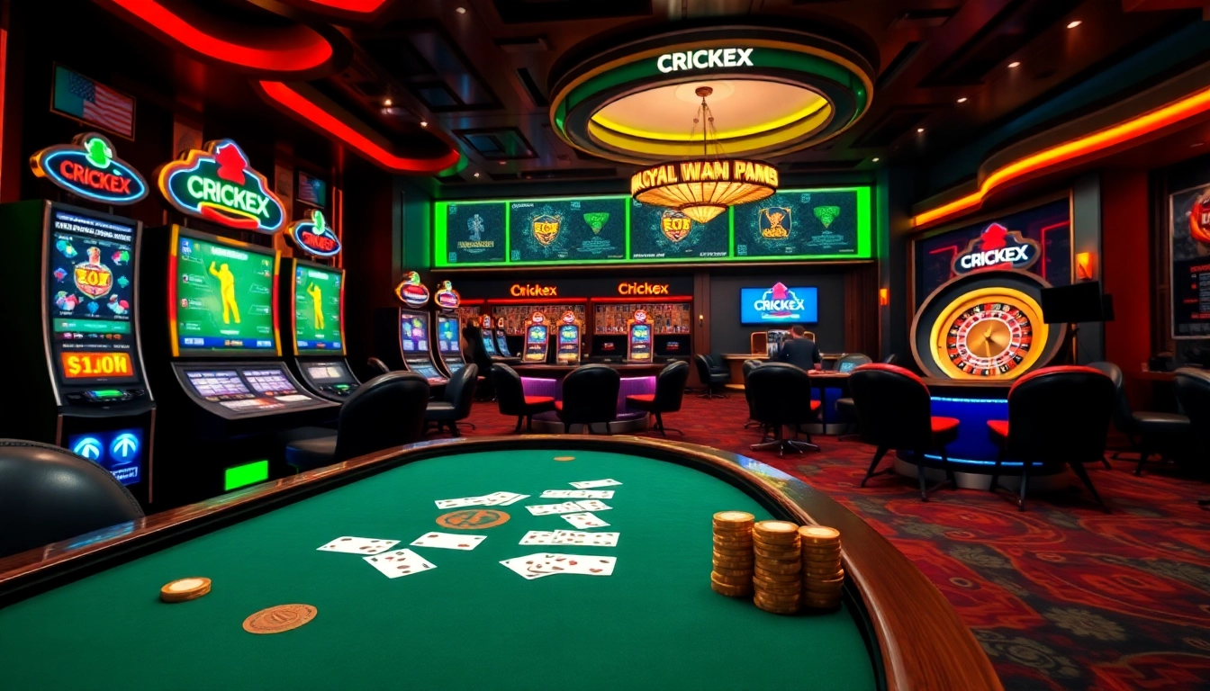Crickex online betting scene featuring vibrant poker tables and slot machines, capturing the thrill of the casino.