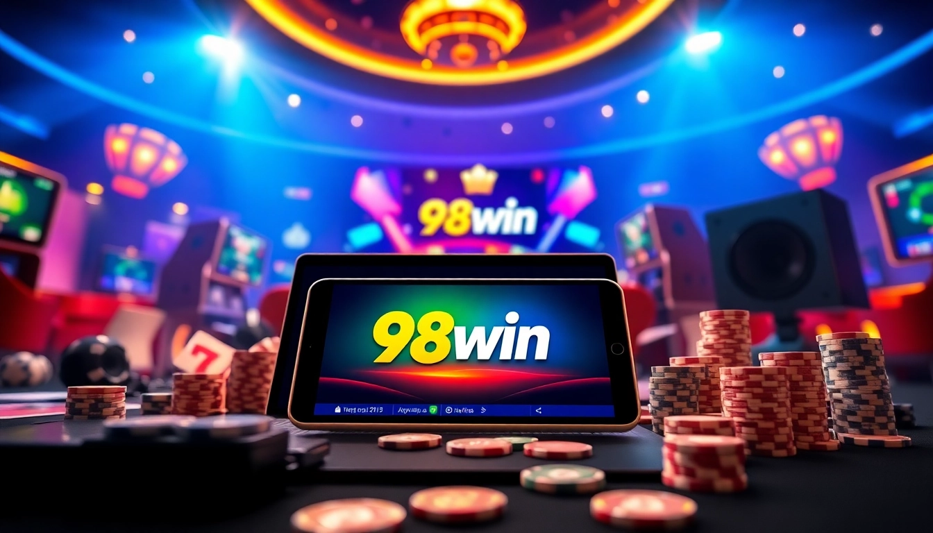 Experience the thrilling world of online gaming at 98win, with vibrant visuals of exciting games and interactive devices.