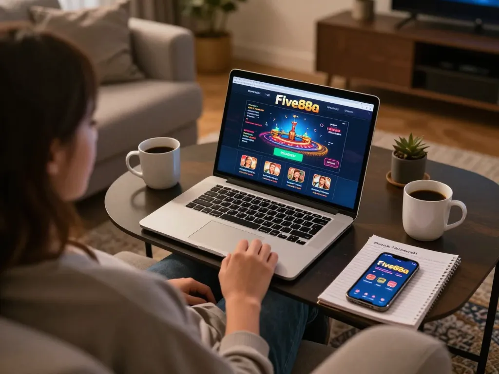 Engaged player using five88a online casino app on a laptop in a cozy home setting
