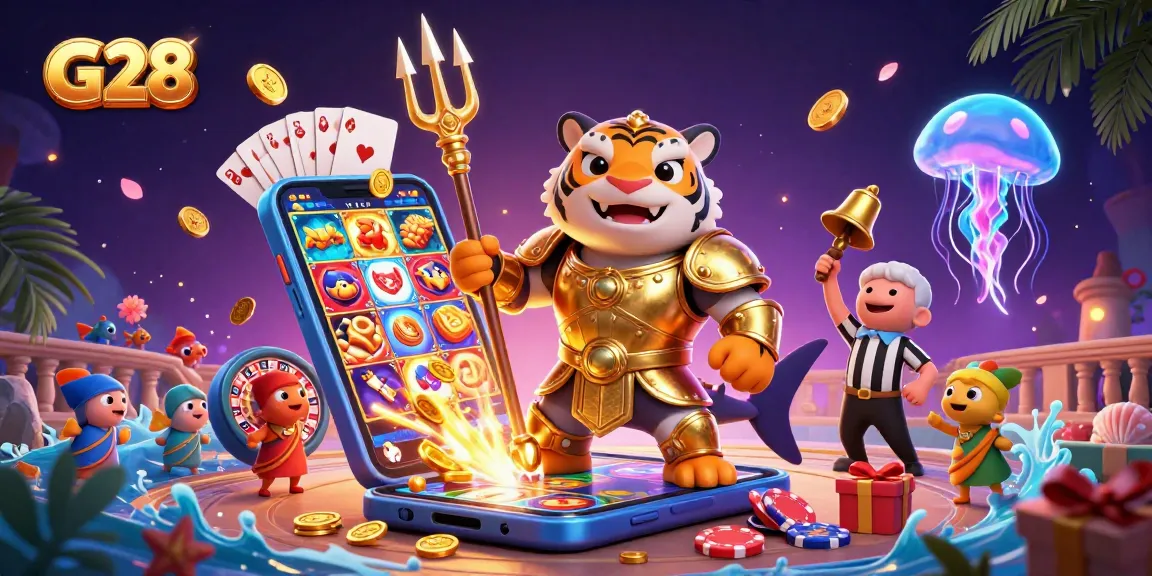 G28 themed slot game scene with an underwater colosseum and animated characters