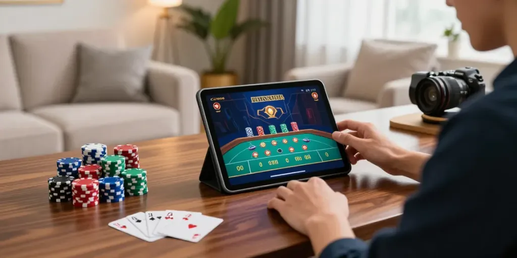 Casino not on GamStop player in a luxurious home office with tablet gaming and casino chips.