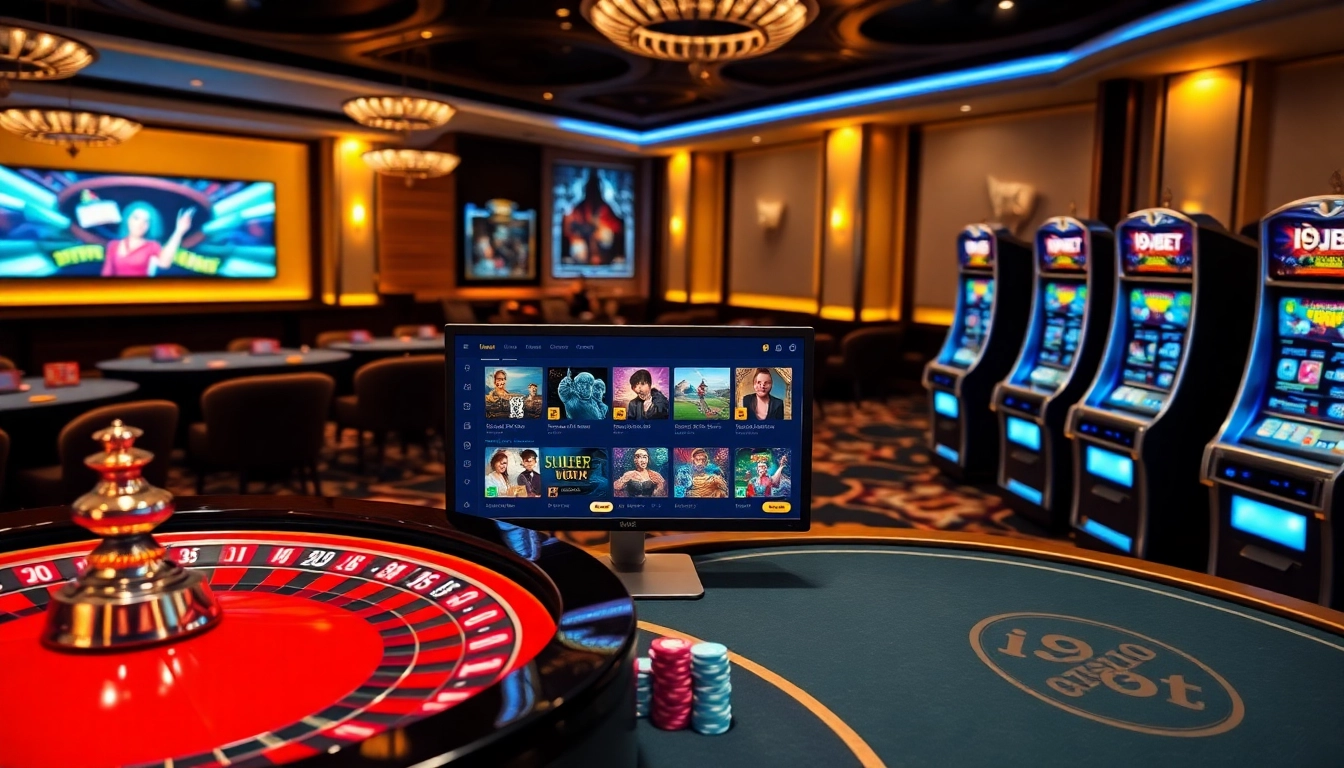 I9BET online casino setup featuring a roulette wheel, poker chips, and gaming interface.