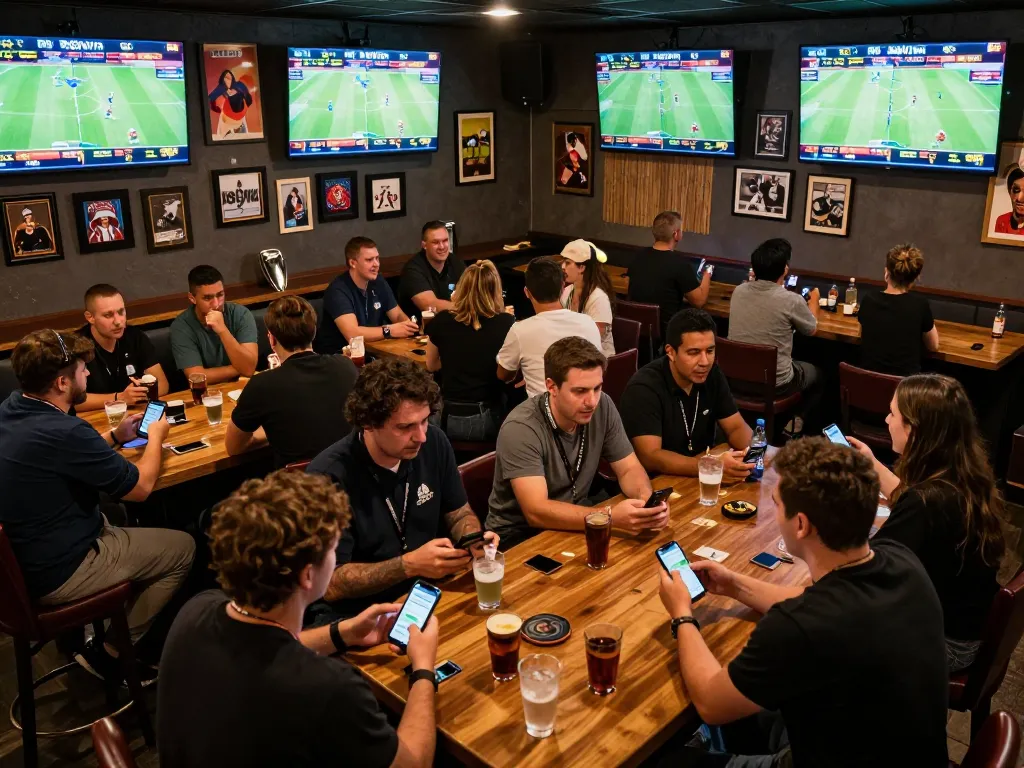 Cheering patrons placing bets and enjoying live games at a sports bar, highlighting 789win's vibrant betting atmosphere.