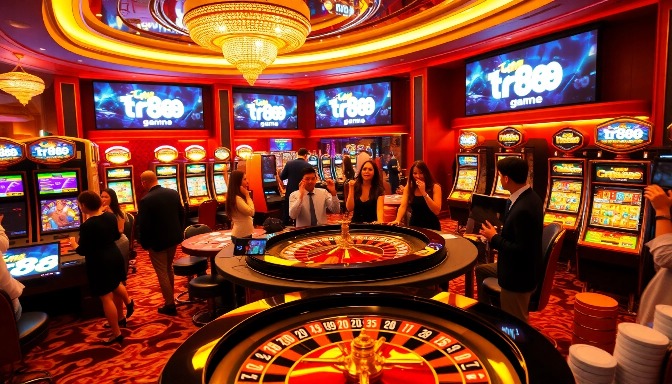Excited players engaging in the TR88 game at a vibrant casino with roulette and slot machines.