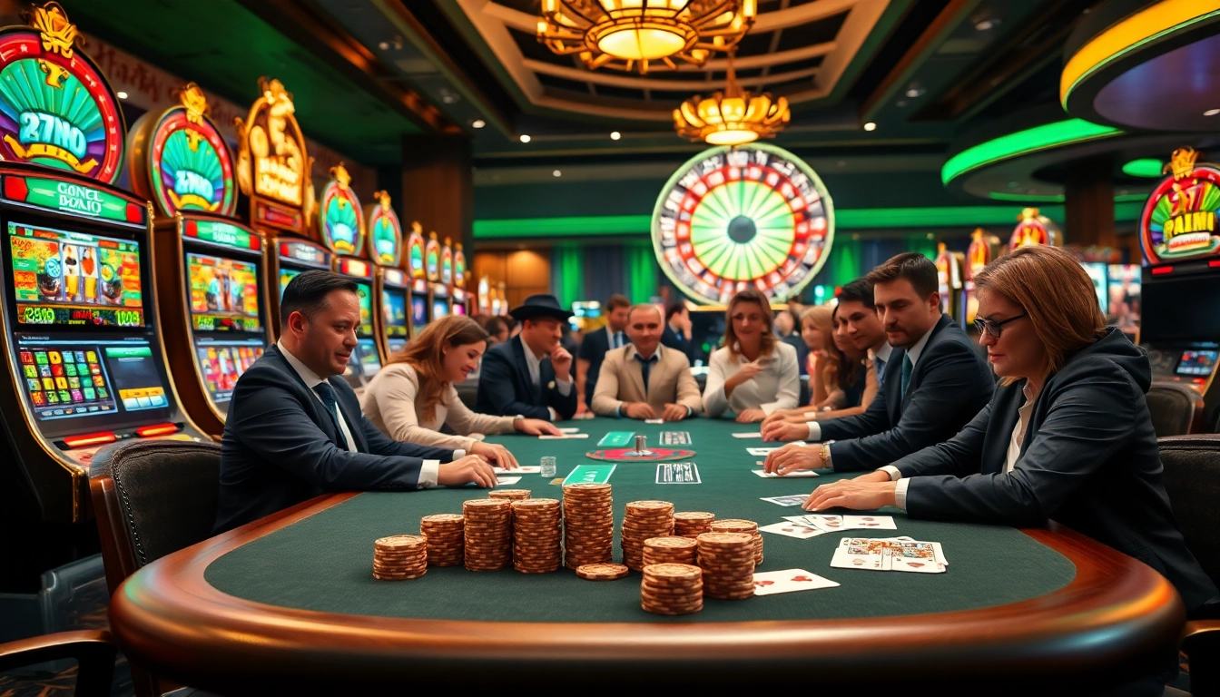 Players enjoy a thrilling poker game at a luxury casino featuring 7M poker chips and elegant decor.