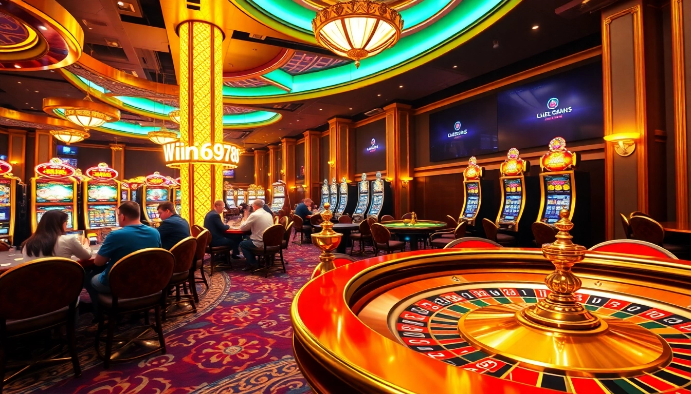 Players experiencing the excitement of winning at https://win678.us/ with vibrant tables and colorful chips in a luxurious casino setting.