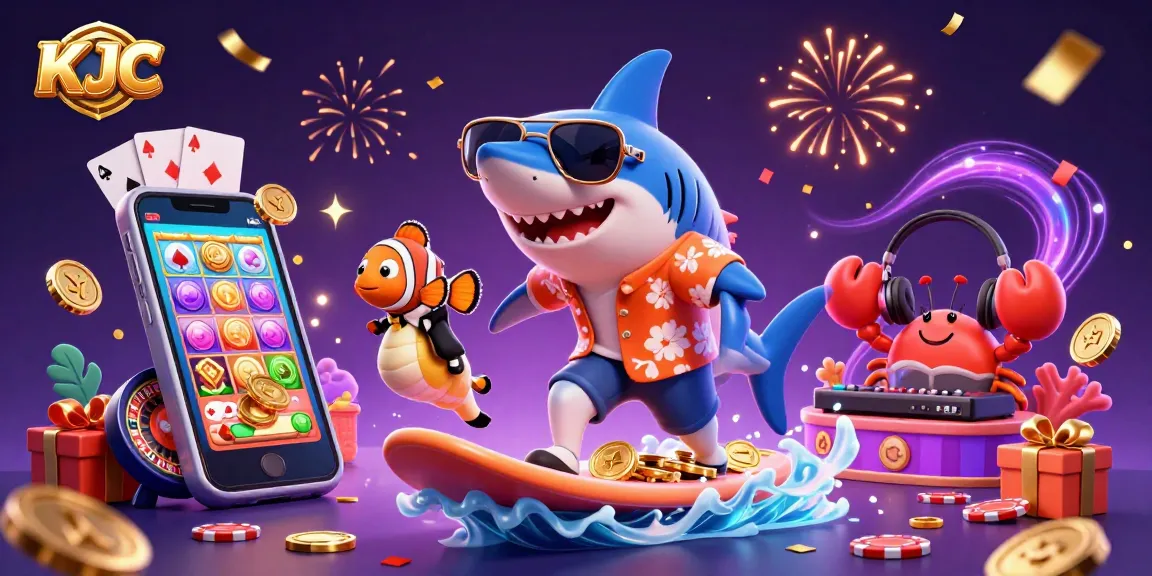 KJC features a vibrant 3D illustration of a hammer-head shark surfing gold coins amidst gaming excitement.