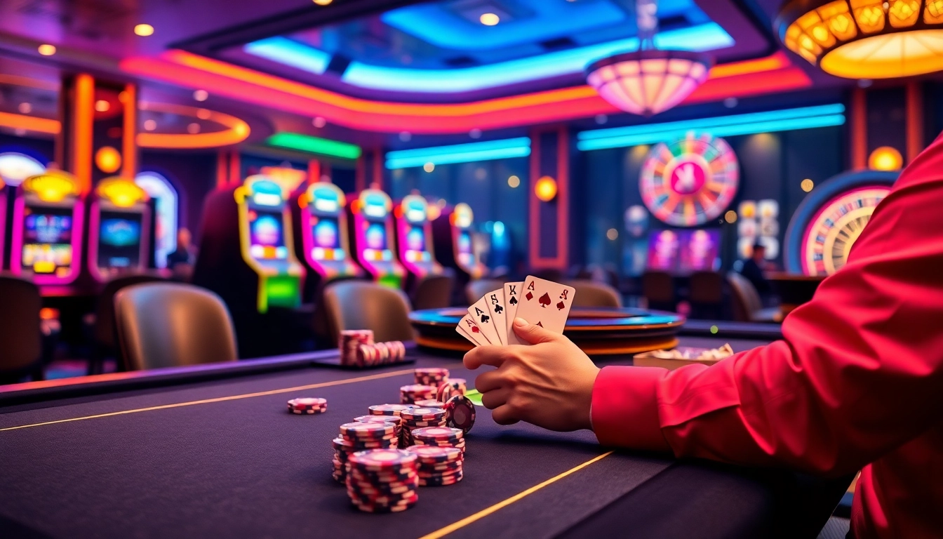 A player winning at a luxurious casino table on https://f168.win/ with vibrant poker chips and roulette wheels.