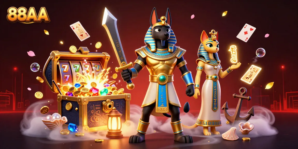 Experience the excitement of 88AA with Anubis and Bastet in a vibrant casino scene.