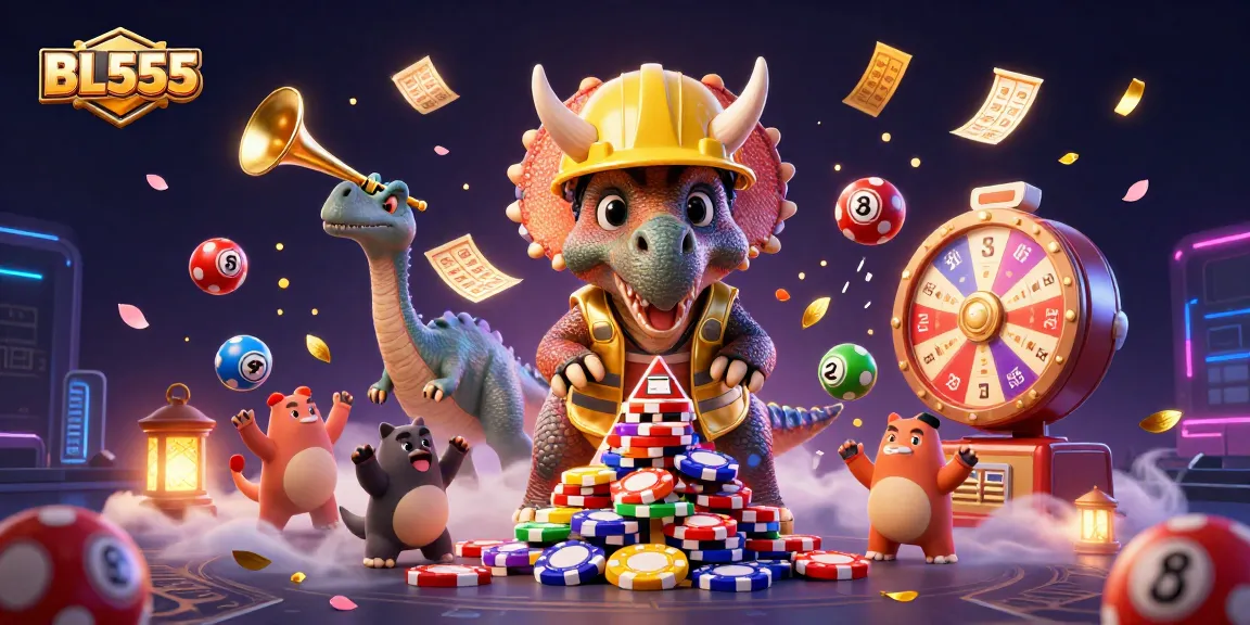 BL555 offers an exciting gaming experience with a lively illustration of a triceratops building chips amid colorful lottery elements.
