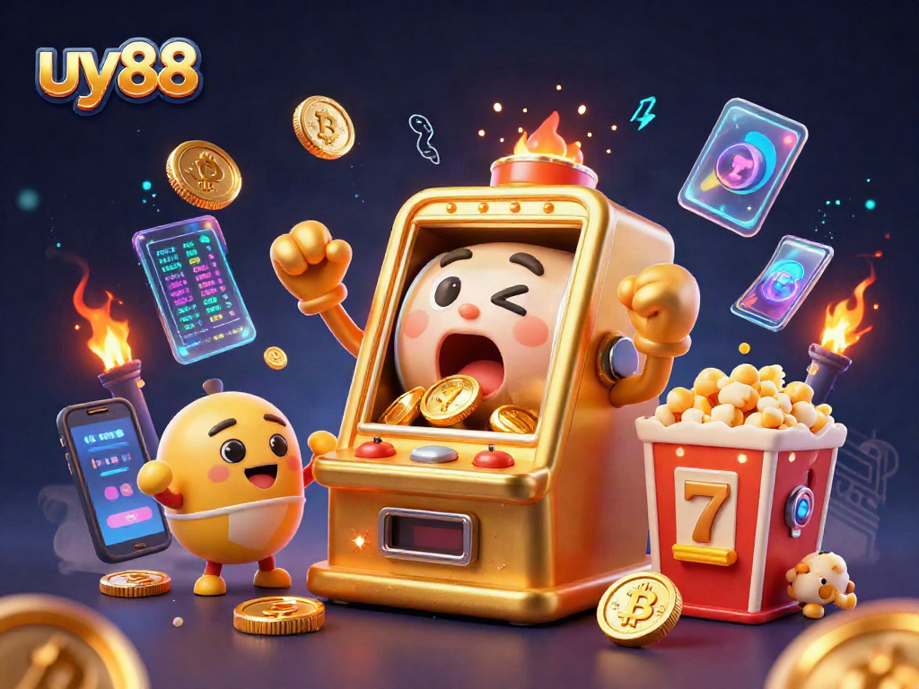 uy88 golden slot machine wins its jackpot, surrounded by cheering machines and crypto coins.