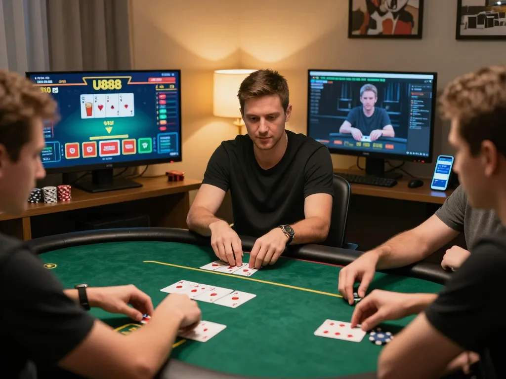Players strategizing on U888 poker interface in modern gaming setup.