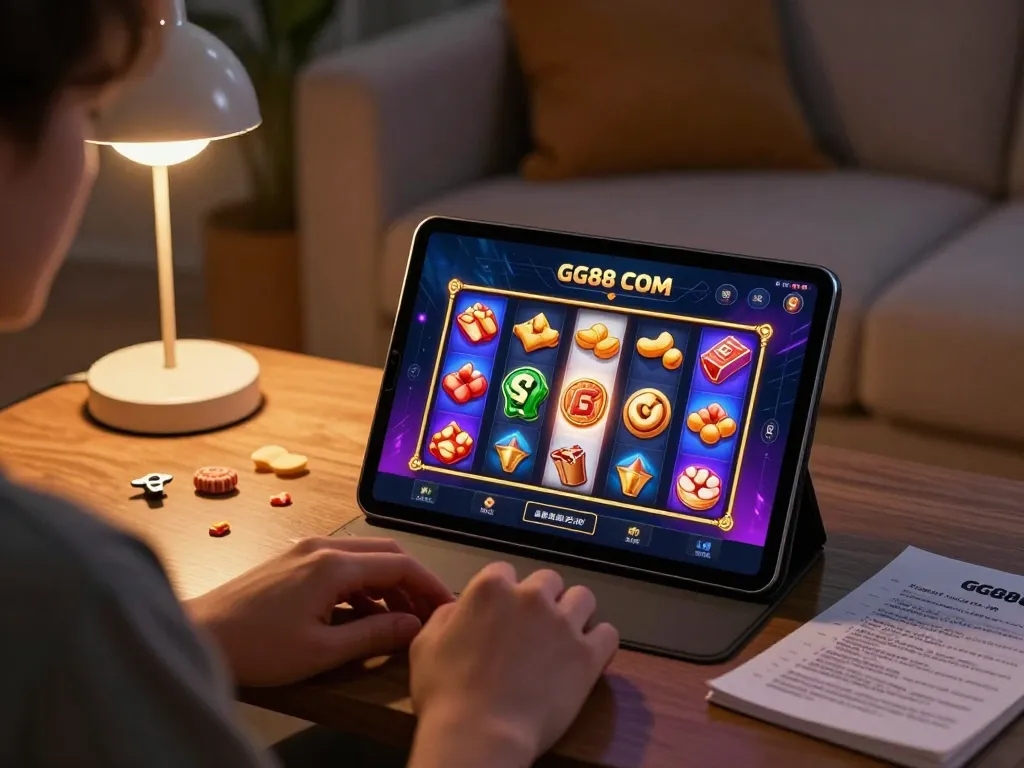 Enjoying a colorful slot game on the GG88 COM app in a cozy home setting.