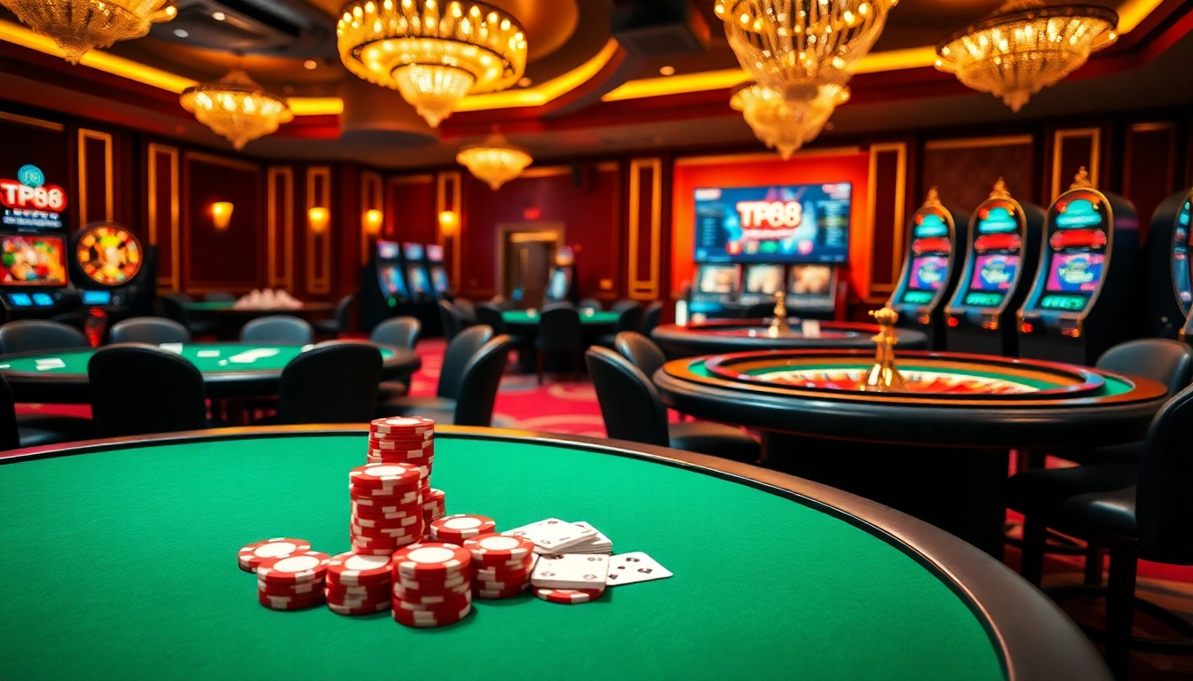 Engaging casino scene highlighting TP88 platform with poker tables and vibrant slot machines.