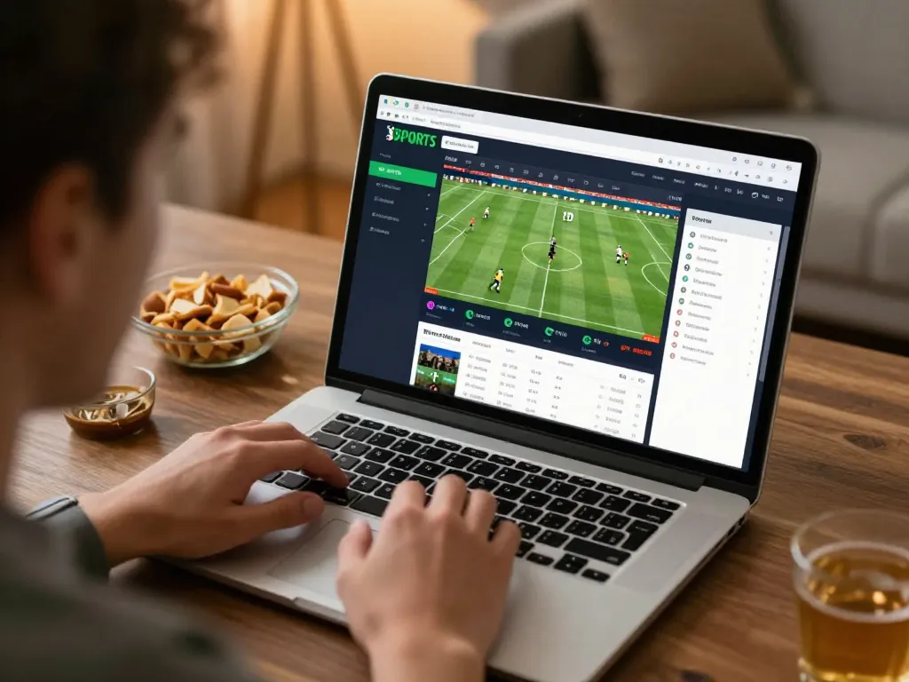Engaged player analyzing 7m sports betting odds on laptop at home
